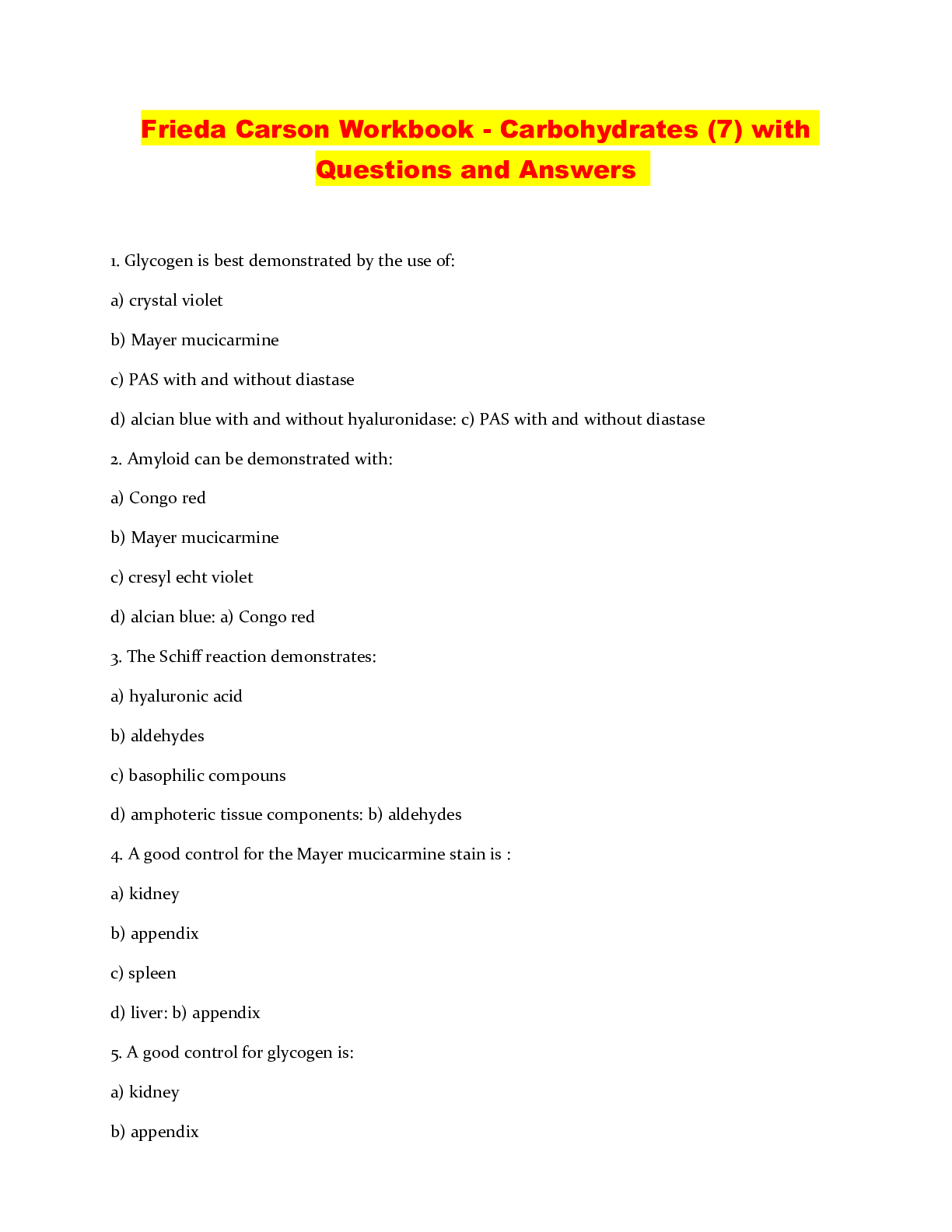Preview of Frieda Carson Workbook - Carbohydrates (7) with Questions and Answers
